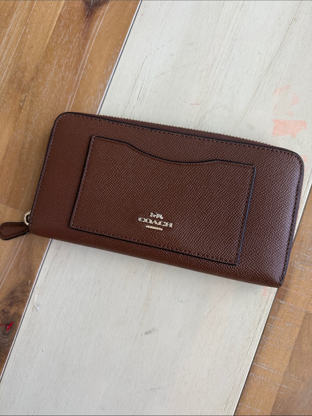 Coach Brown Pebbled Leather Zip Wallet with Exterior Card Slot